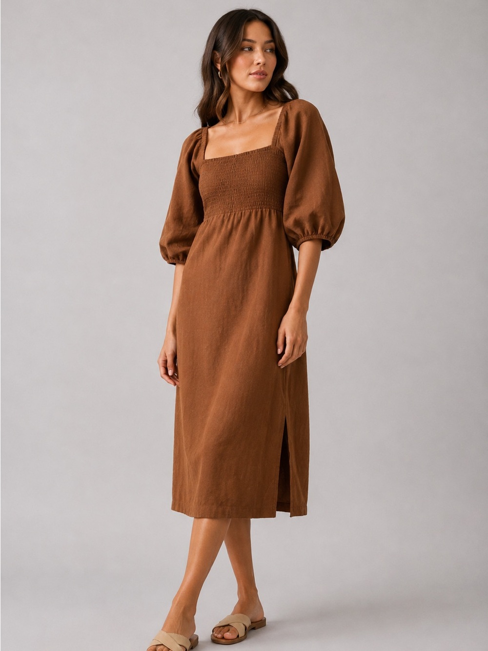 OAK + FORT *LINEN* Balloon Puff Sleeve Smocked Slit Dress XS XSMALL MOCHA BROWN